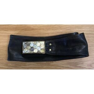 Calleen Cordero Black Leather Belt with Brass Mother Pearl Inlay Buckle Size 32"